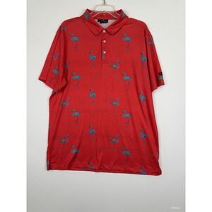 YATTA GOLF Mens Large Red Flamingo Print Short Sleeve Polo Shirt Geometric